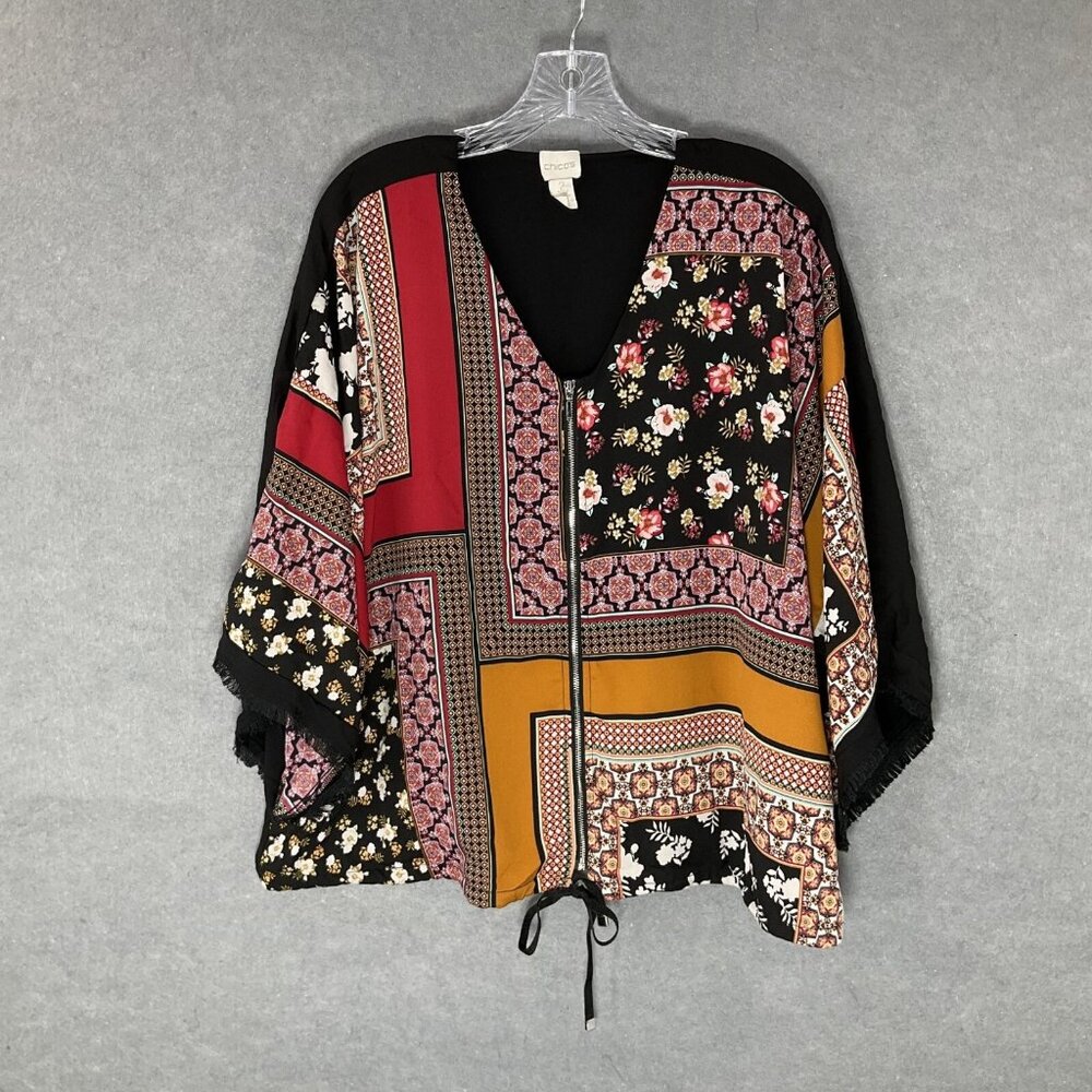 Chico's Jacket Womens Sz L Patchwork Print Full Zip Lined Drawstring Boxy Boho